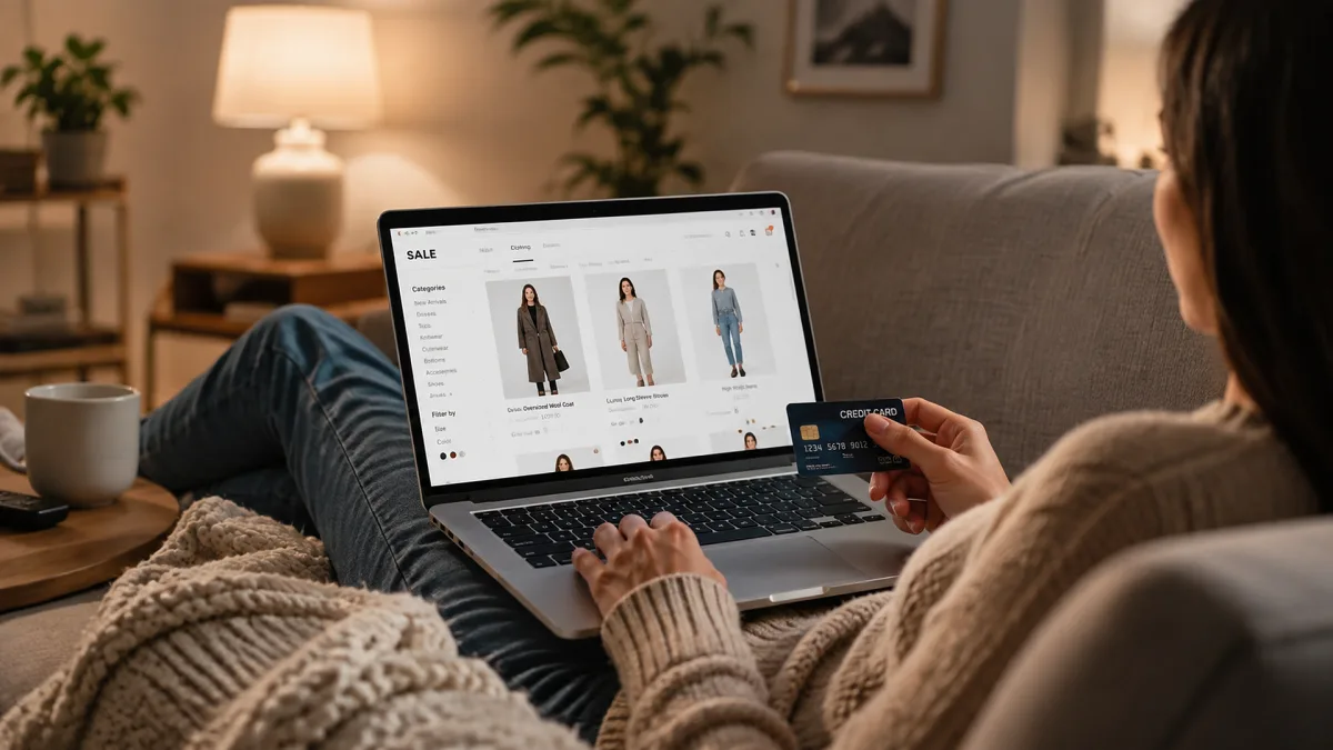 A shopper browses fashion products on a laptop from a sofa in a warm home interior.