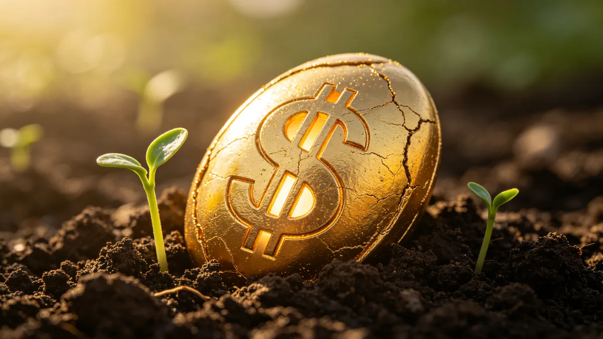 A cracked metallic egg marked with a dollar sign sits in soil with small green sprouts, suggesting fragile wealth, new financial beginnings, investment incubation, and the risk around early growth.