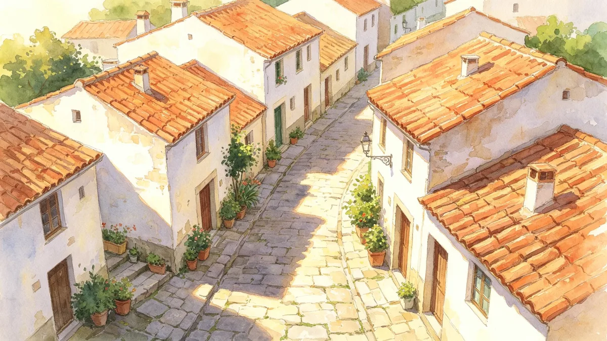 Sunlit Mediterranean village street with terracotta roofs