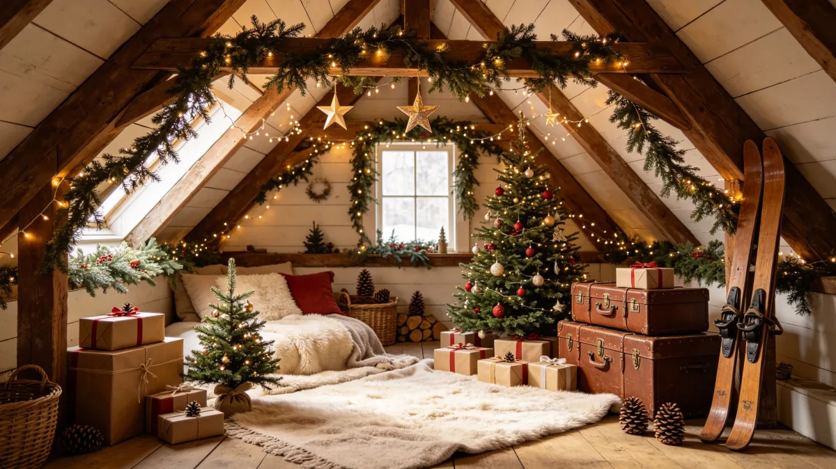 cozy attic bedroom with Christmas lights, tree, gifts, and skis