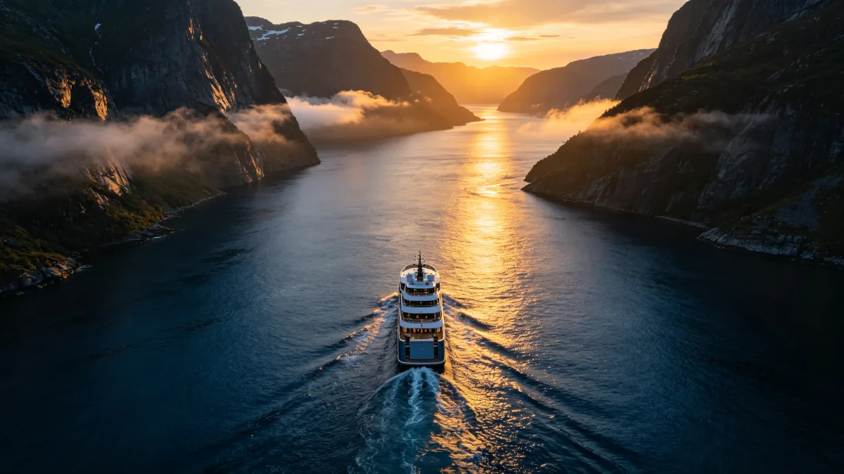 Cruise Ship Sailing Through Fjord