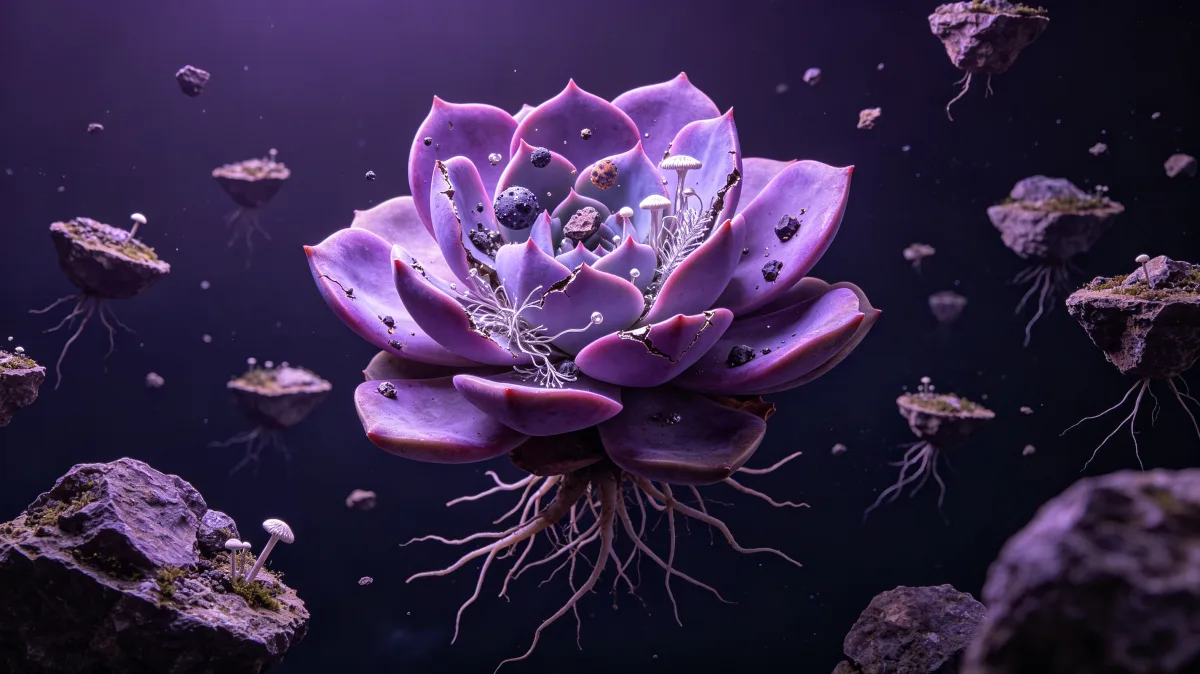 A purple lotus-like flower floats in dark space among small rocks and soft violet light.