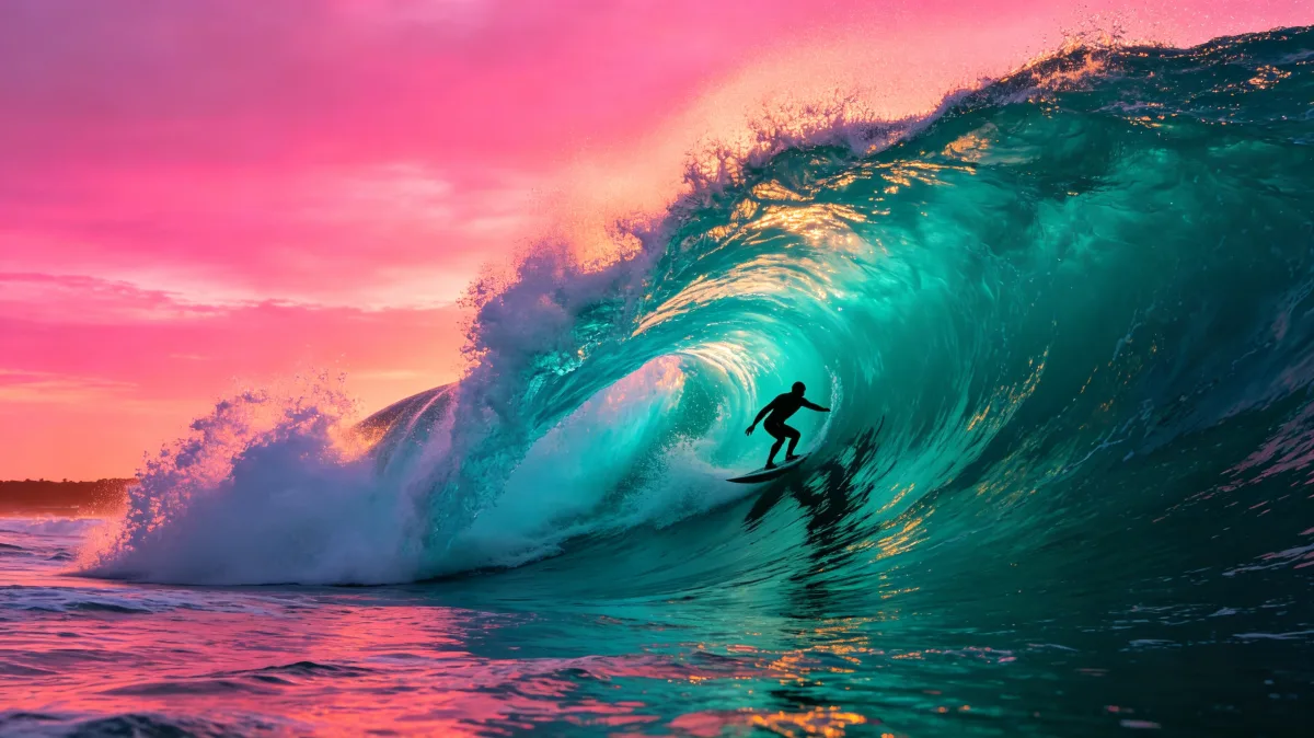 Surfer Inside Turquoise Sunset Wave
