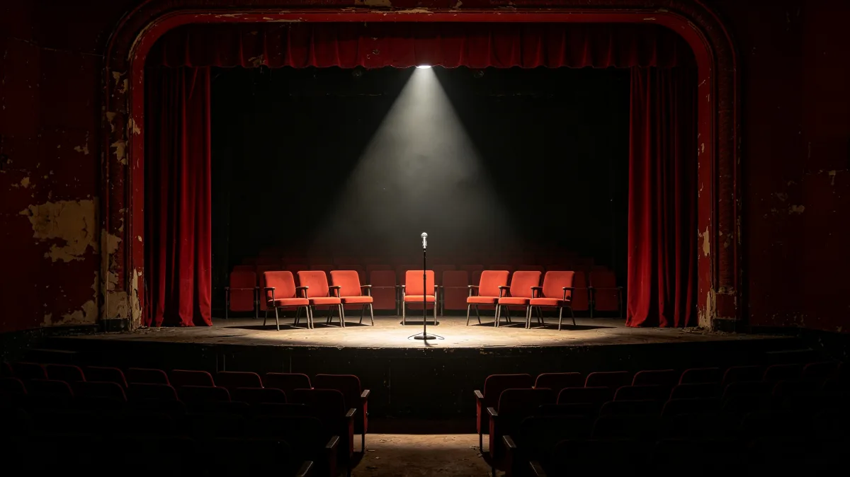 an empty debate stage with red curtains and chairs sits beneath a single spotlight.