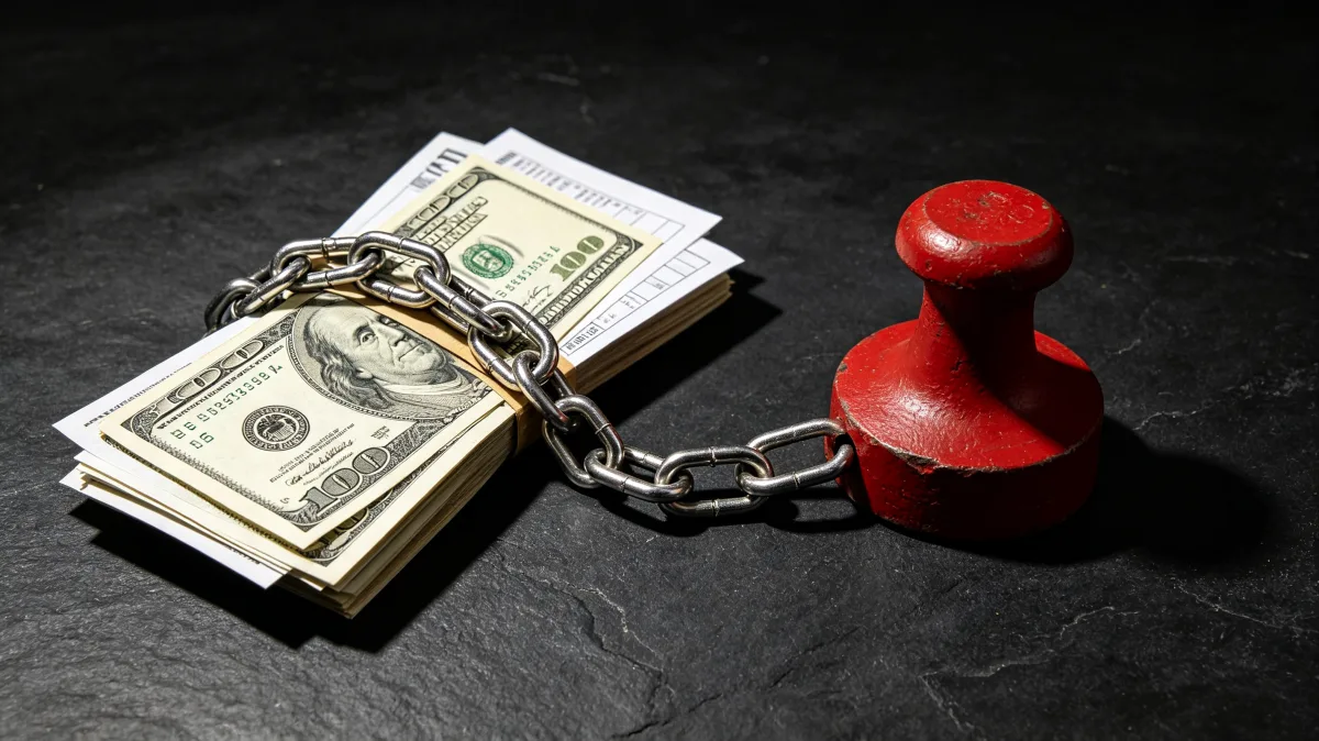 A stack of dollar bills is wrapped in a black chain beside a red seal stamp, forming a stark image about frozen funds, debt pressure, legal holds, restricted access, or financial control.