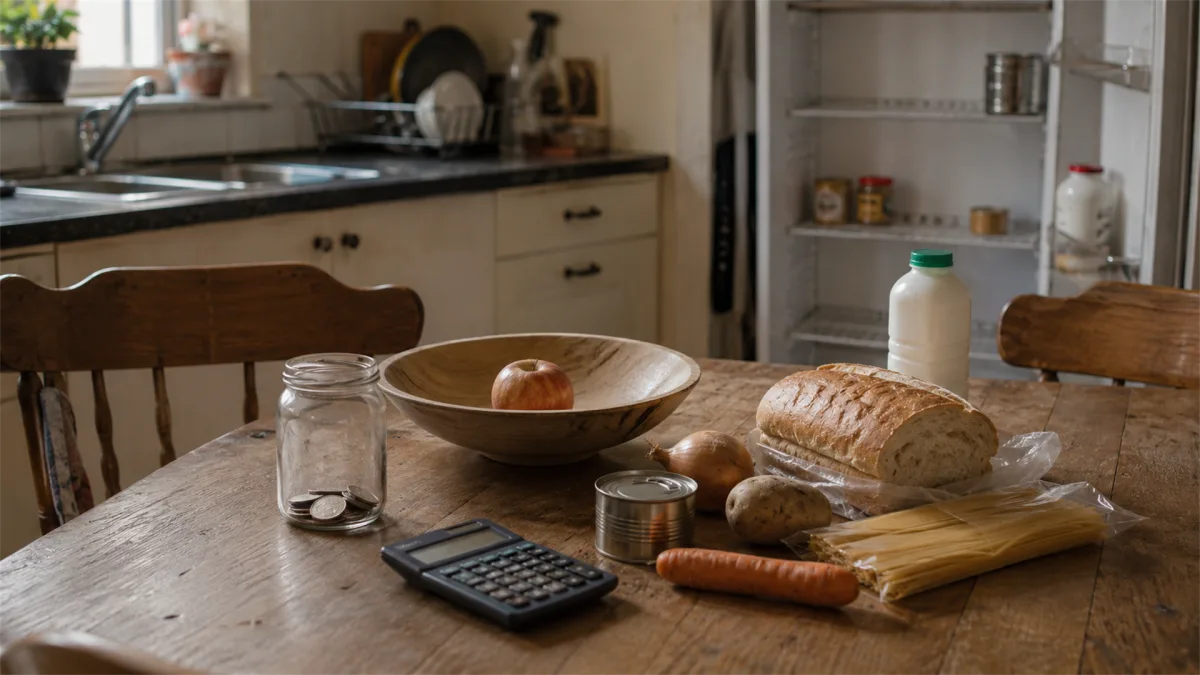 A simple meal, calculator, and bread on a kitchen table suggest basic budgeting, reduced food spending, and household restraint.