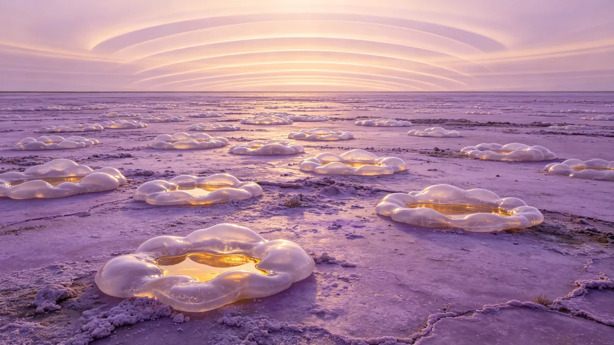 Soft golden jelly discs float across a purple shoreline in sunset light.