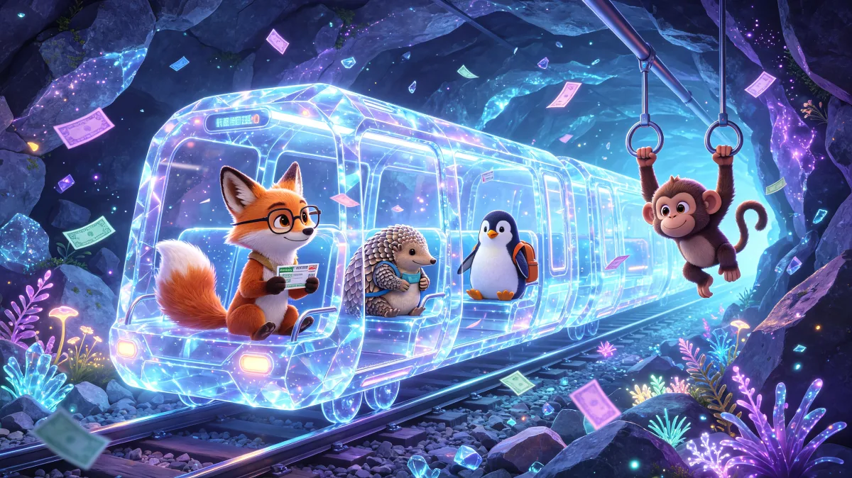 A colorful storybook cartoon scene featuring crystal train ride through underwater cave, designed for playful children-friendly illustration use.