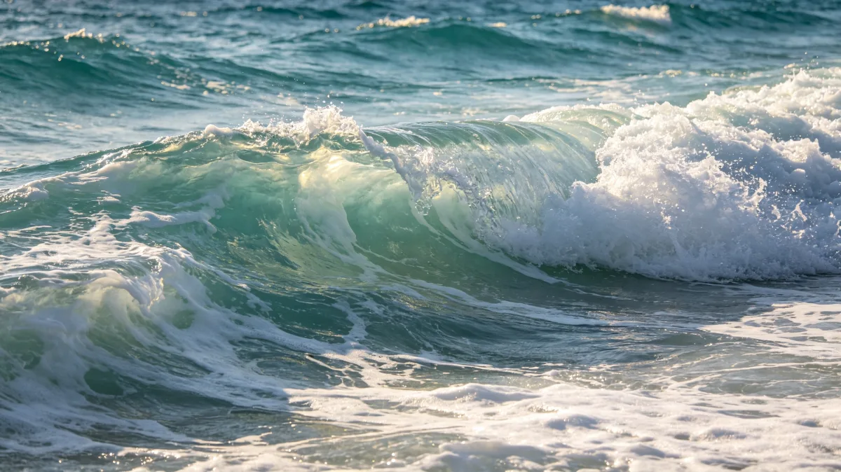 a powerful green wave curls with white foam and bright spray.