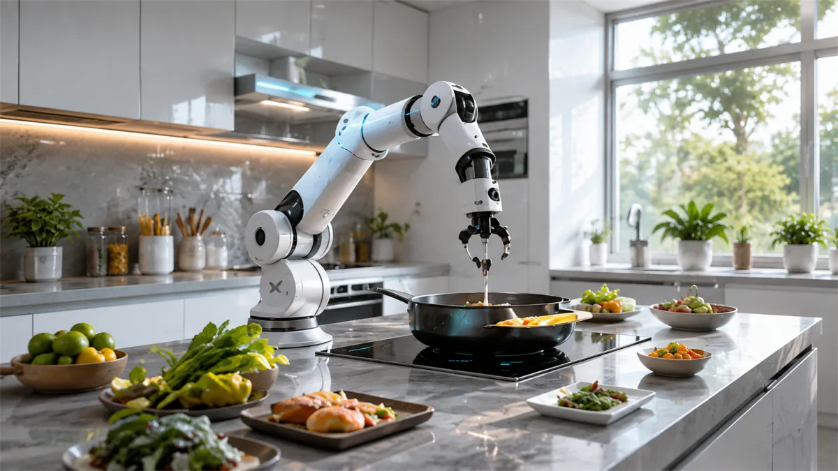 A robotic kitchen arm prepares food on a clean island counter with vegetables, cookware, and smart appliances.