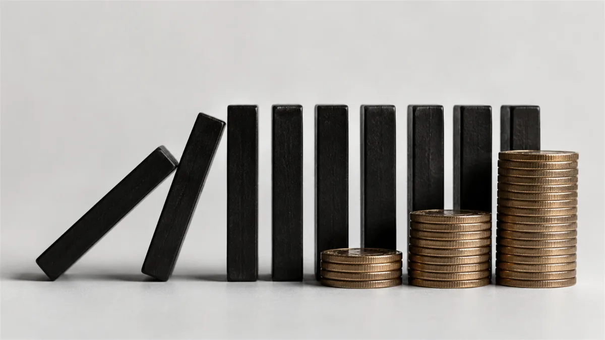 Black domino blocks fall beside rising stacks of coins, suggesting chain reactions, market shocks, compounding gains, or fragile financial systems.