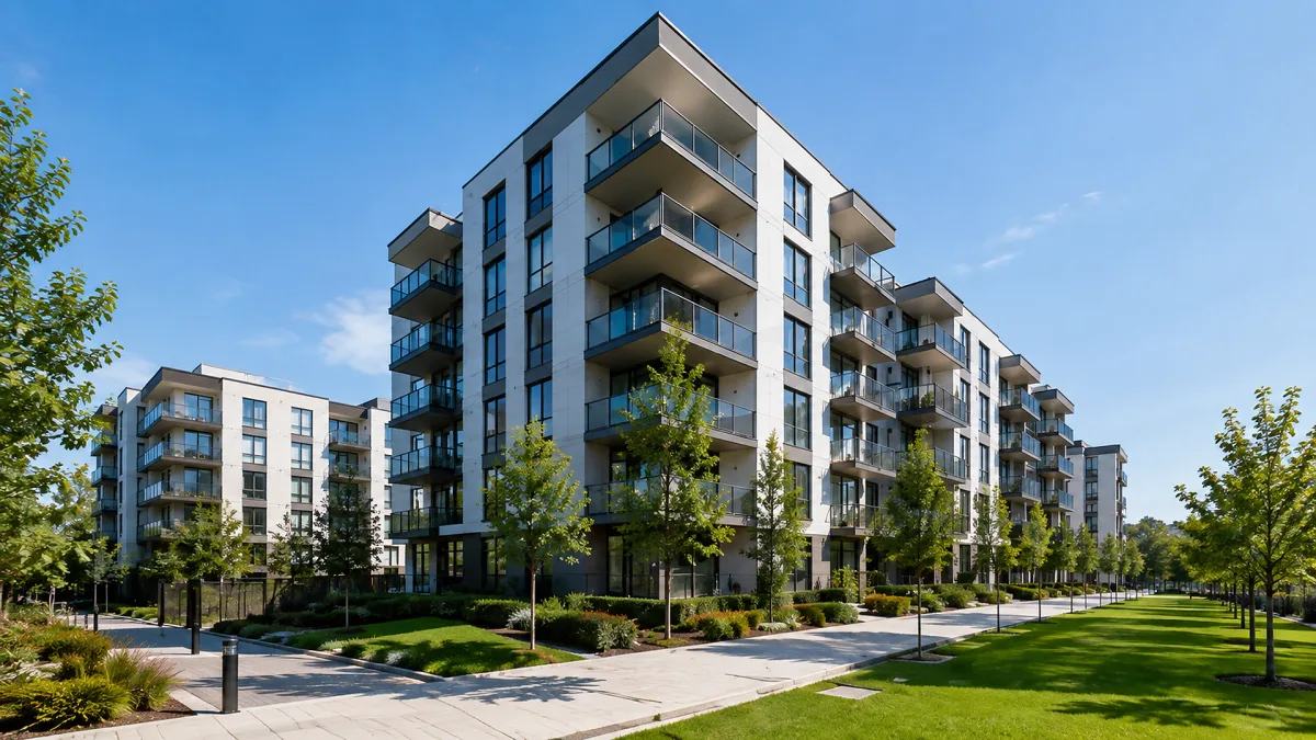 A modern apartment complex stands beside green lawns, paths, balconies, and clean contemporary facades.