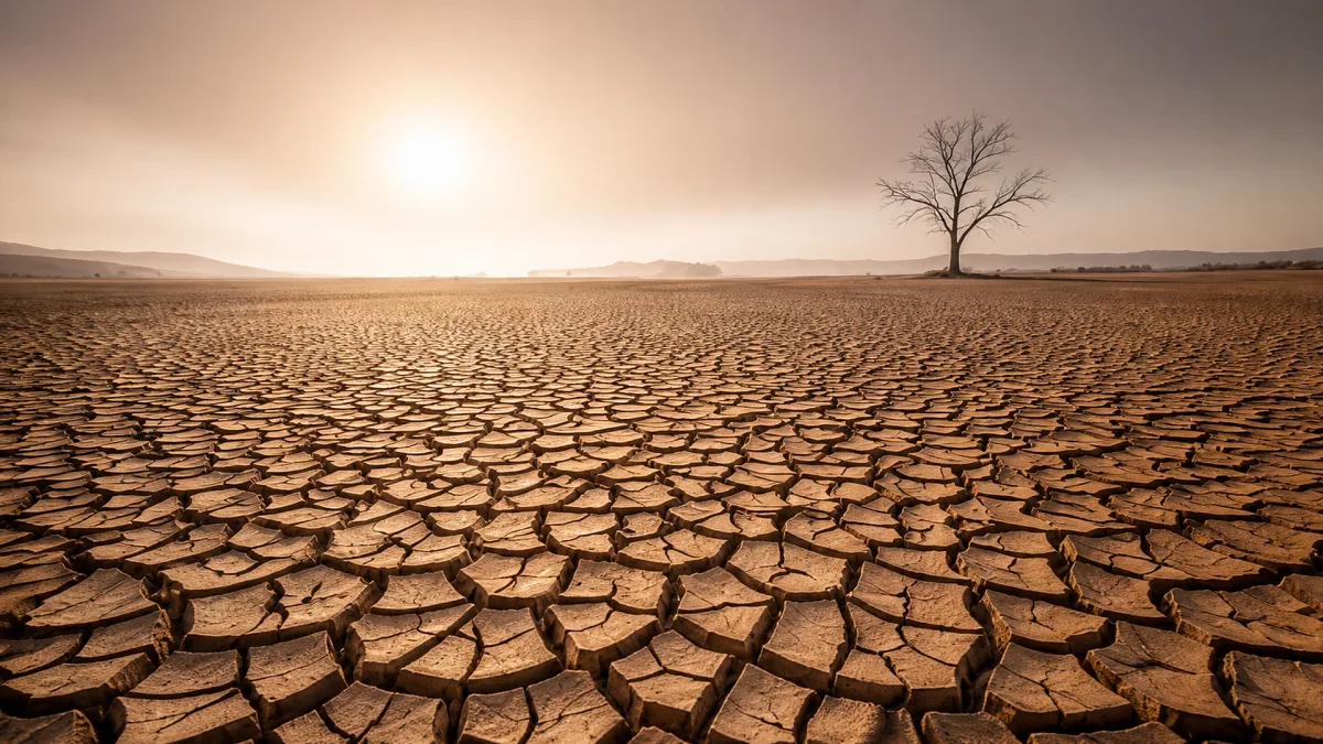 A lone bare tree stands on a cracked desert plain under a hazy sun.