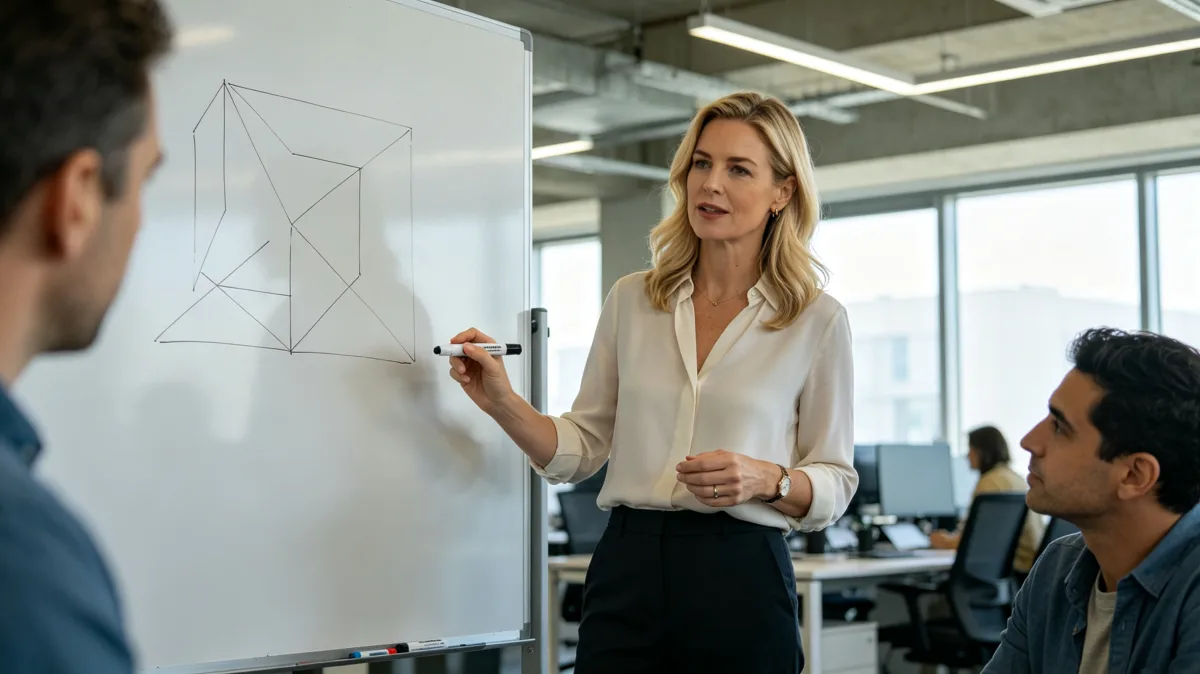 A woman presents geometric diagrams on a whiteboard to seated colleagues in a bright office, showing design explanation, training, technical communication, and clear visual problem-solving.