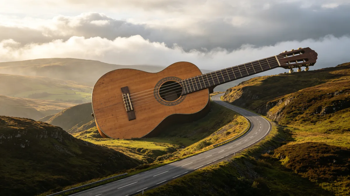 an oversized acoustic guitar lies beside a winding road in a highland landscape, blending music, travel, performance, culture, and landscape scale into a cinematic surreal composition.