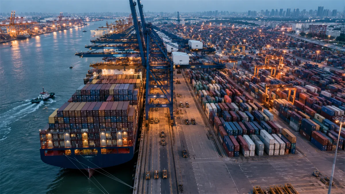 aerial container port with orange lights and city skyline at blue hour