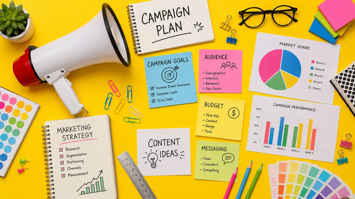 A campaign plan is arranged with a megaphone, sticky notes, charts, market research cards, content ideas, and audience prompts on a vivid yellow desk.