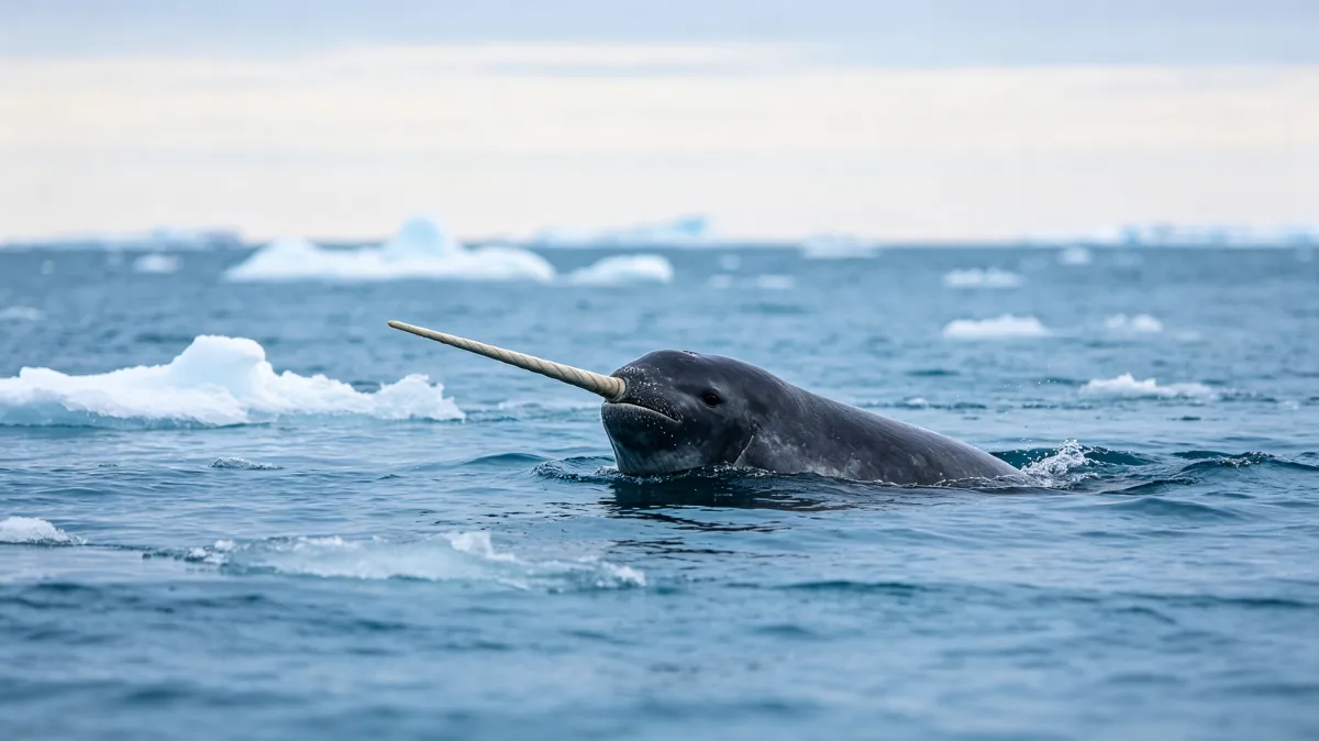 Narwhal showing spiral tusk while surfacing among arctic sea ice.
