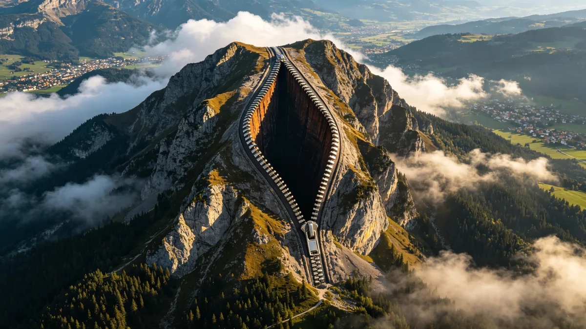 a road appears like a giant zipper opening across a mountain ridge above clouds, suggesting access, travel, engineering, discovery, or the act of revealing a hidden route through difficult terrain.
