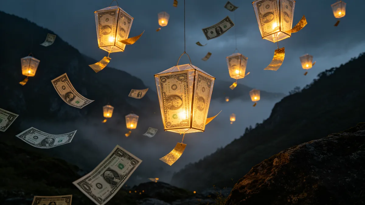 Lanterns made of glowing banknotes float through a mountain valley while loose bills drift in the air, creating a poetic wealth image about wishes, spending, celebration, and money taking flight.