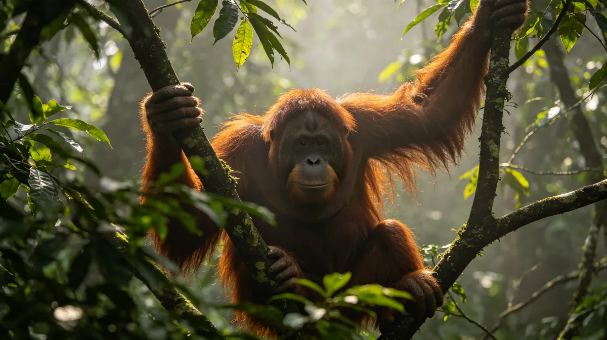 Orangutan climbing among green rainforest branches