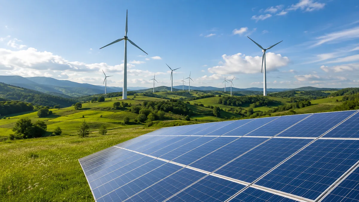 Solar panels and wind turbines stand together in rolling green fields.