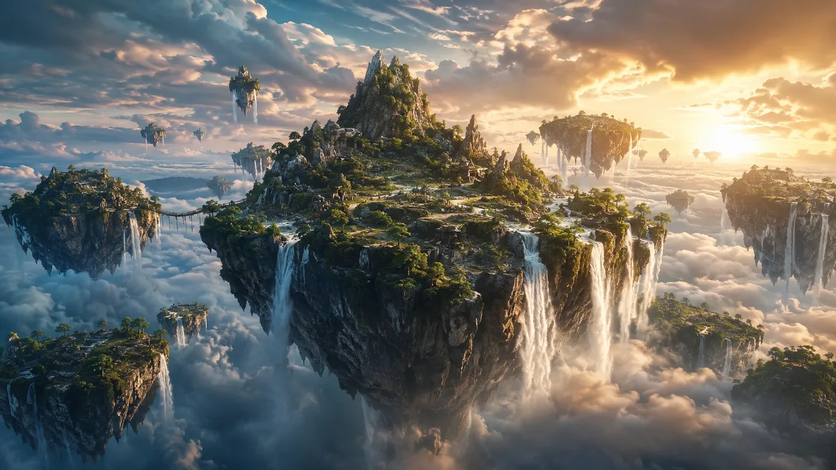 floating islands with waterfalls in sunset clouds