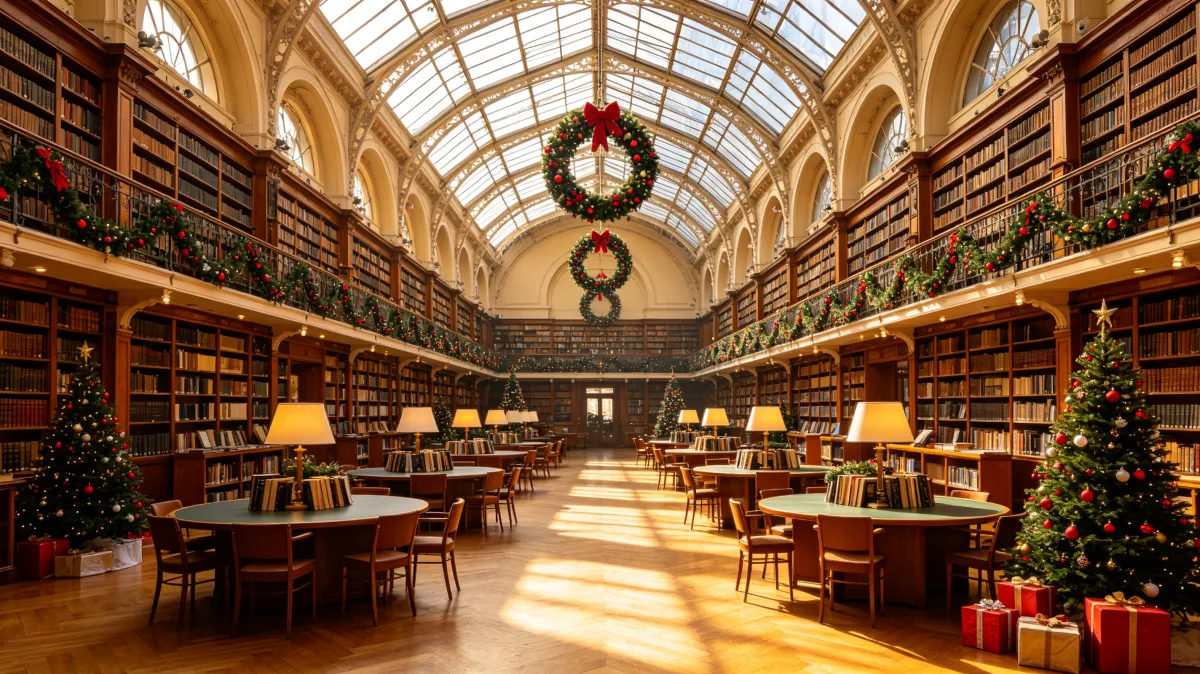 grand library reading hall decorated for Christmas