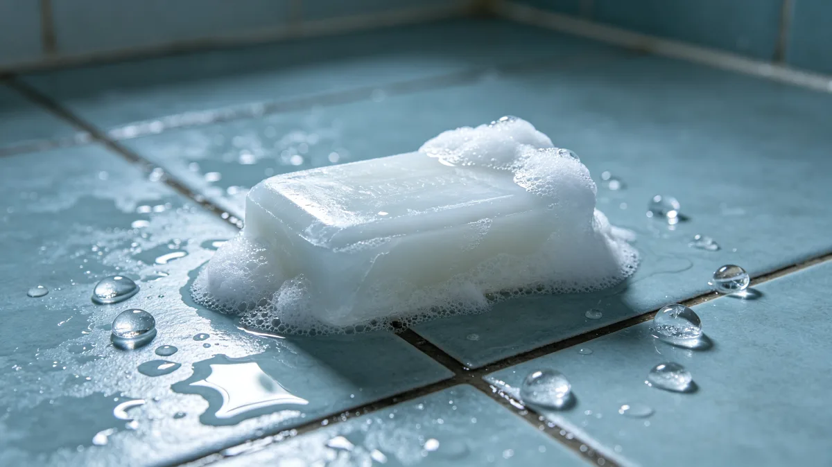 a single ice cube melts on blue bathroom or kitchen tiles with water beads around it, capturing a quiet everyday accident, temperature change, cleanup moment, and simple household texture.