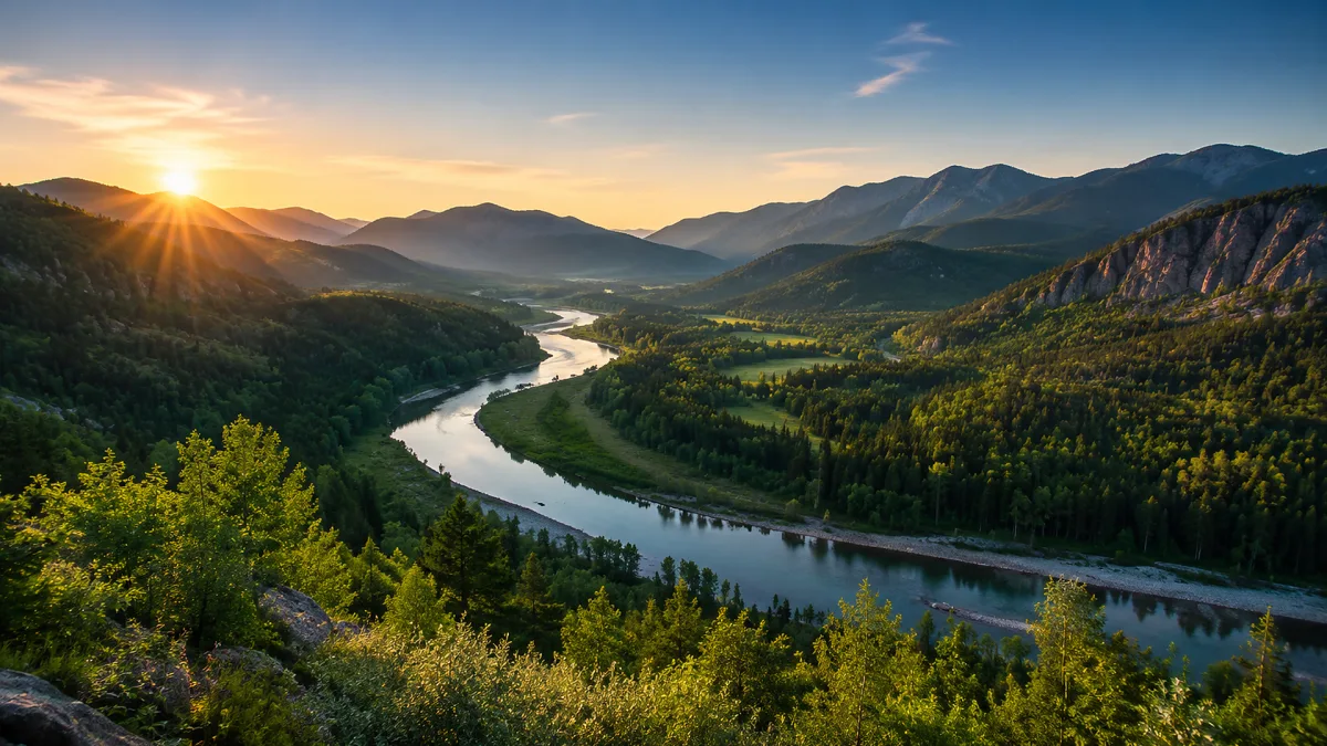 A winding river runs through a green mountain valley under sunrise light.