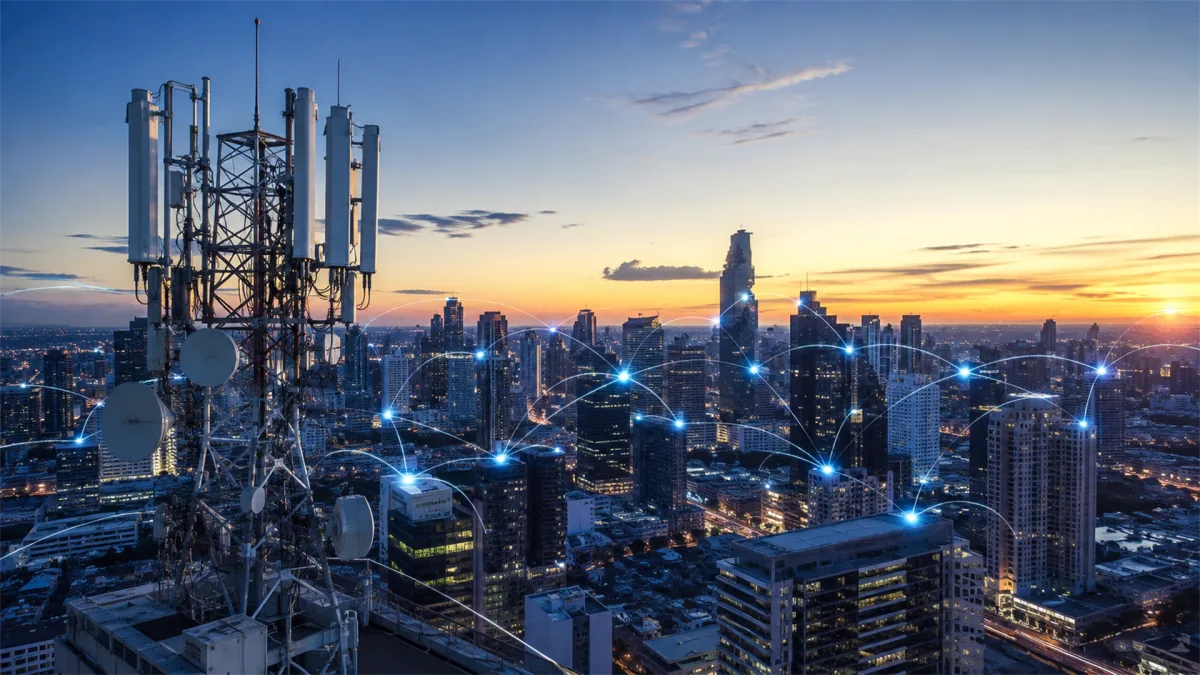 Cellular antenna arrays stand on a high rooftop over a city skyline at sunset, with blue digital links suggesting mobile coverage, wireless backhaul, 5G connectivity, and dense urban communication...