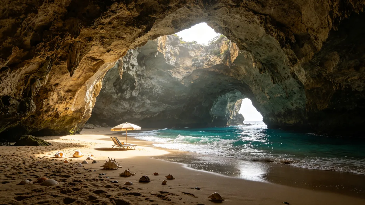 a rocky sea cave opens toward bright sunlight and clear turquoise water, offering a dramatic coastal nature image with wet stone, hidden beach texture, ocean color, and a strong travel landscape mood.