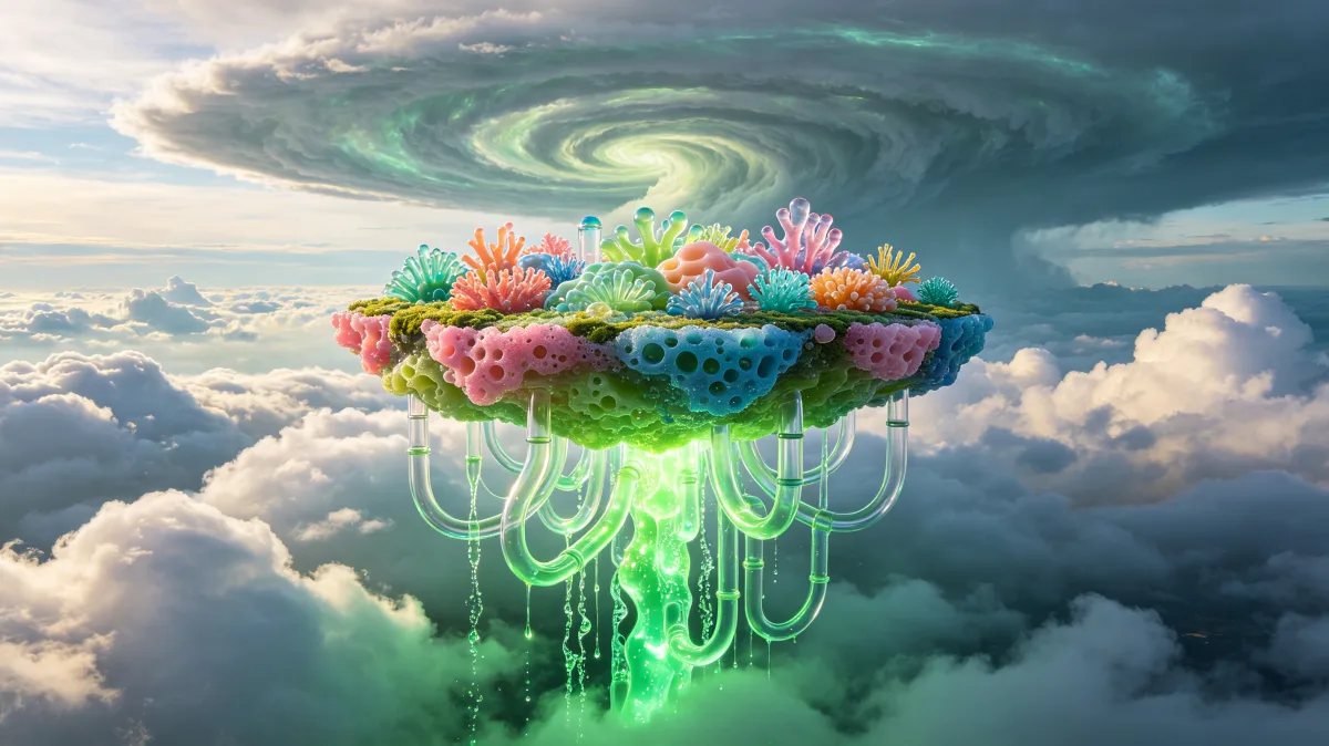 A colorful flower cloud floats above white clouds under a swirling storm sky.