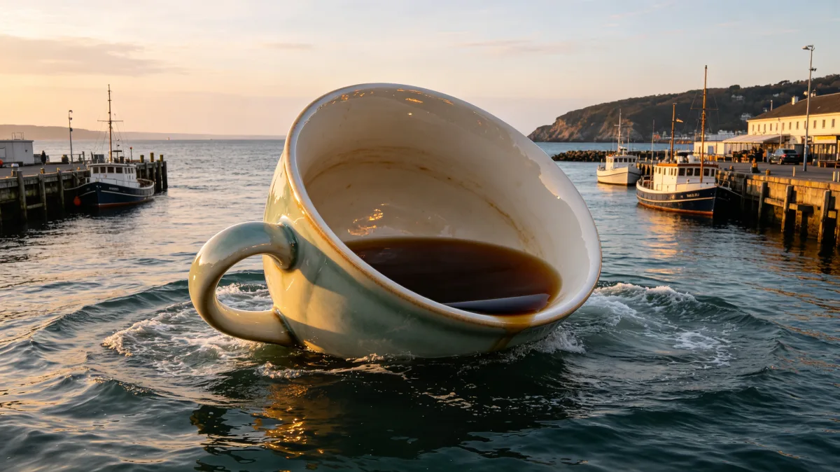 a large white coffee cup floats sideways in a harbor near boats and a shoreline, combining morning routine with marine scale to suggest breaks, spills, waterfront life, and surreal everyday objects.