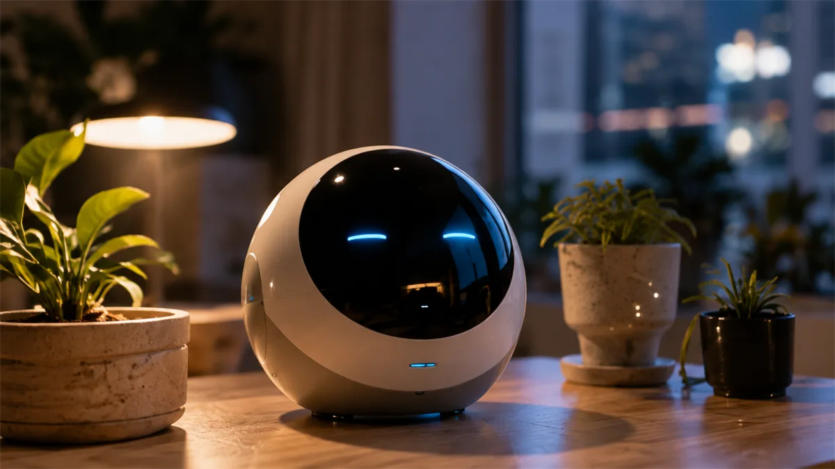 A round companion robot sits on a table beside plants and warm light, suggesting personal AI devices for daily home life.