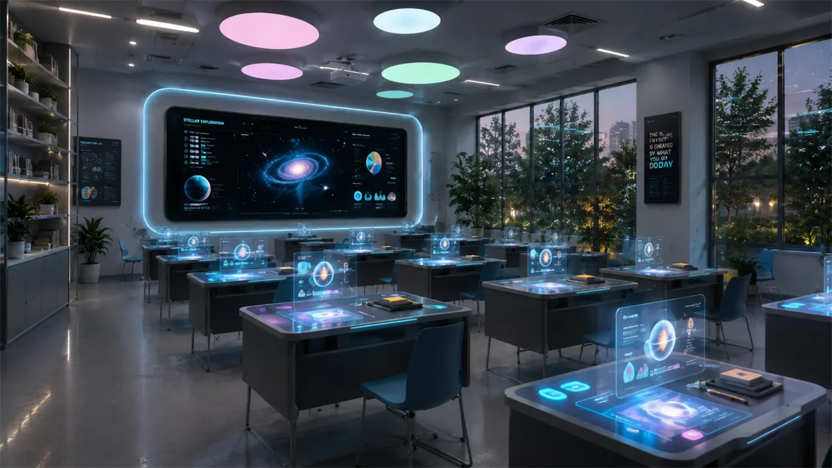 A futuristic living room contains holographic tables, floating interfaces, ambient ceiling lights, and a large digital wall display.