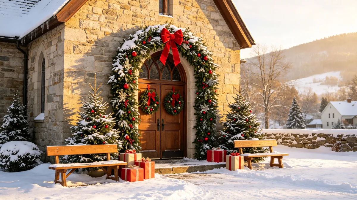 stone cottage entrance decorated with wreath and Christmas gifts