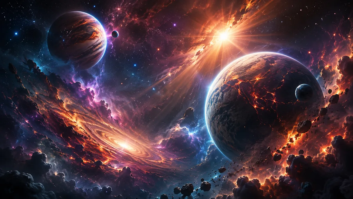 planets and asteroids in fiery red violet nebula