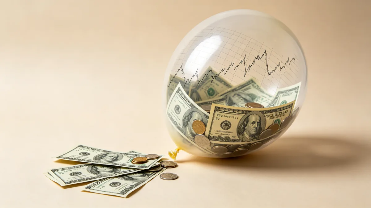 A delicate soap bubble contains a dollar bill and coins on a dark background, creating a fragile savings metaphor about inflation risk, speculative value, market bubbles, and vulnerable household...