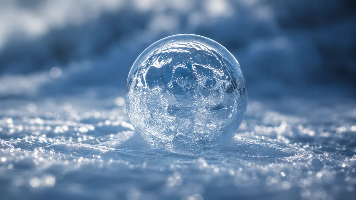 A transparent ice bubble sits on snow under a moody winter sky.
