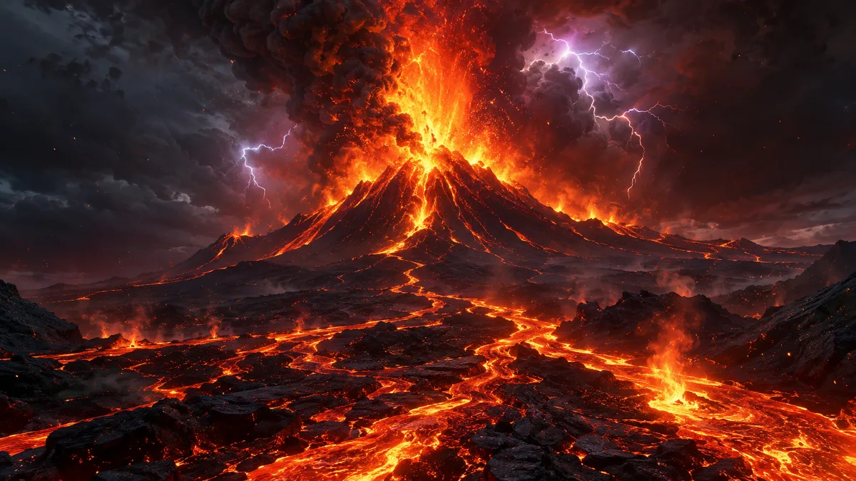 erupting volcano with glowing lava under storm clouds