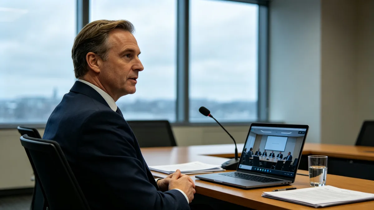 A suited man sits at a conference table with a laptop showing a video call, microphone, papers, and city view, showing hybrid meetings, executive communication, and formal remote collaboration.
