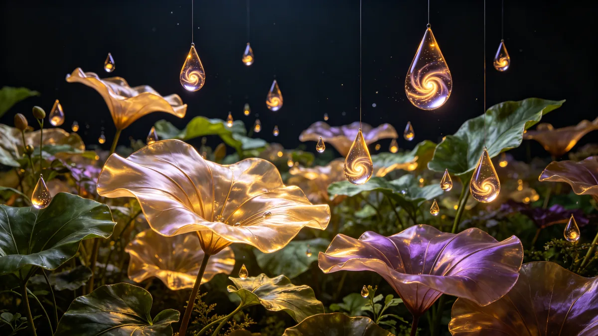 Golden drops hover above lily pads and flowers in a dark botanical surreal scene.
