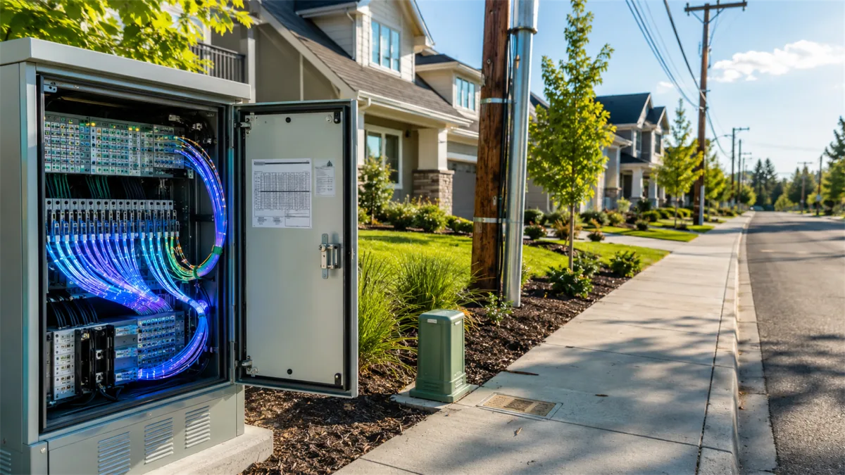 an outdoor network cabinet is open along a suburban sidewalk, revealing glowing fiber patch panels and organized blue cables used for neighborhood broadband distribution and local service access.