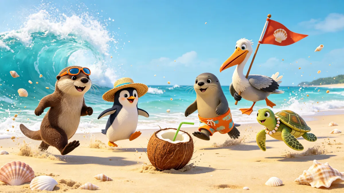 A colorful storybook cartoon scene featuring beach animals surf party, designed for playful children-friendly illustration use.