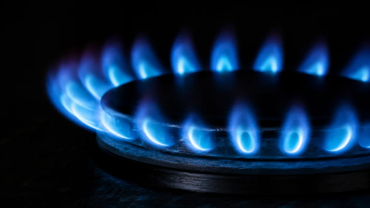 Blue flames burn in a close-up view of a natural gas burner against a dark background.