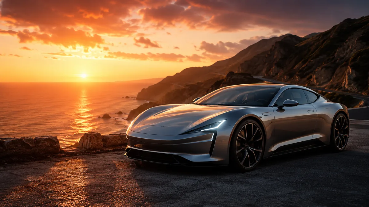 silver electric car on coastal road at sunset