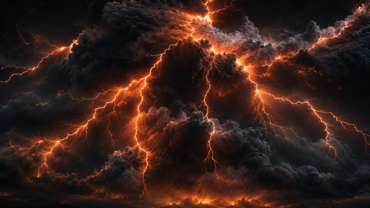 dark storm clouds lit by orange lightning