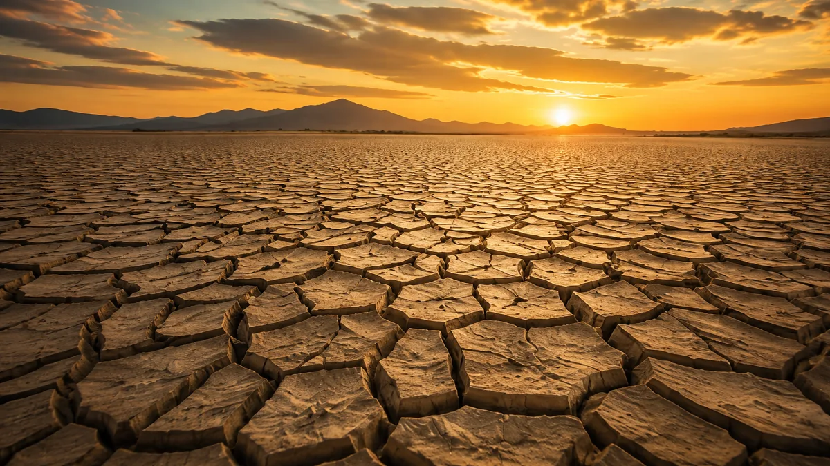 Dry cracked earth stretches toward mountains and sunset, showing drought and changing climate.