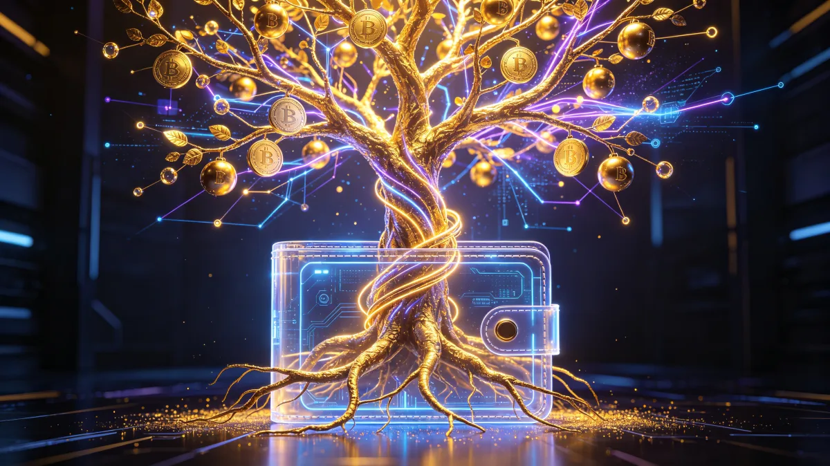 A glowing golden tree grows inside a high-tech digital frame with coins and light trails branching outward, combining nature, data, growth, and fintech into a polished wealth-building symbol.